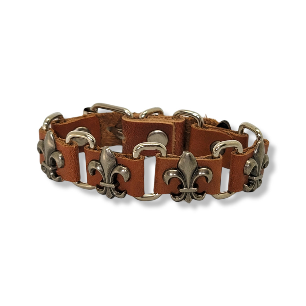 Unisex Tan Leather Link Fleur De Lis SilverTone Buckle Bracelet Adjustable Size